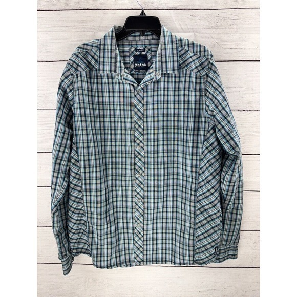 Prana Slim Fit Button Up Western Shirt Large Plaid Blue Long Sleeve Pearl Snap‎ - Picture 1 of 11